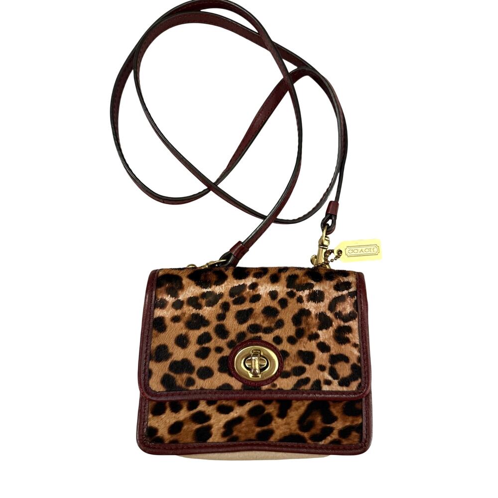 Coach Mini Pony Hair Leopard Print Turnlock Crossbody Burgundy Leather Gold Tag